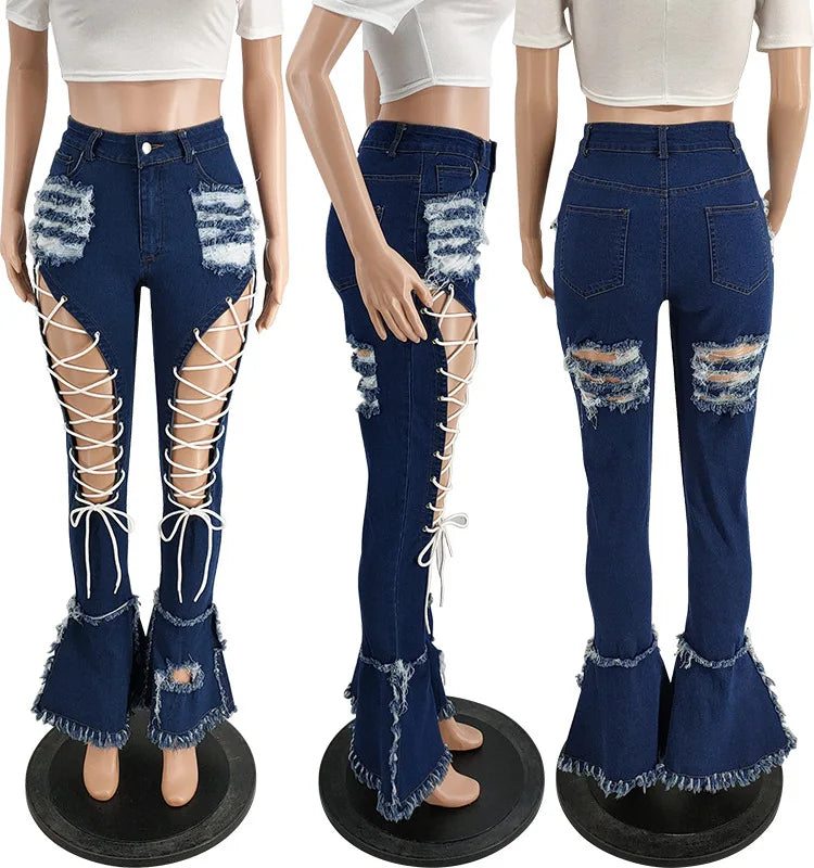 Trending Products 2022 New Arrivals FashionSlim Ripped Eyelet String Sexy Plus Size Jean for Woman