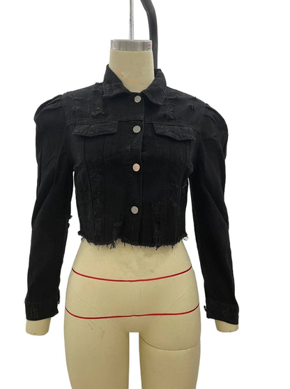 KY Cropped Half Jean Jackets Support Customization Ripped Distressed Raw Edge Women Blue Jeans Jackets