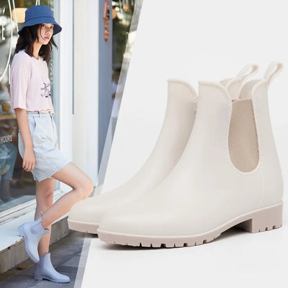 Chelsea Rain Boots for Women PVC Ankle Rain Shoes Waterproof Solid Women's Boot Elastic Band Rainy Shoes Woman Fishing Shoes