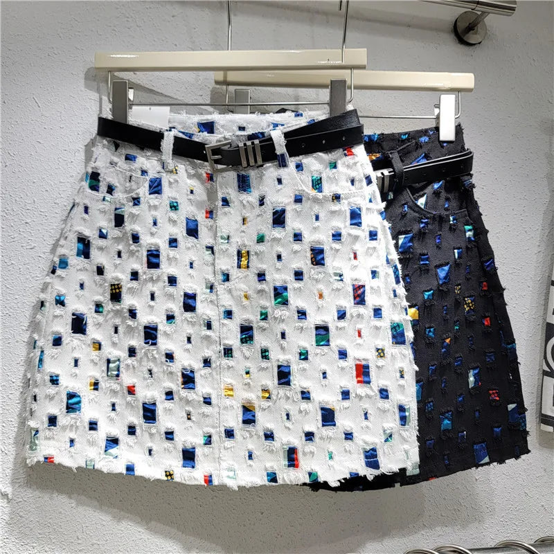 Slim A-line New Burnout Worn Personality Color Block Women's Denim Short Skirt   Fashion