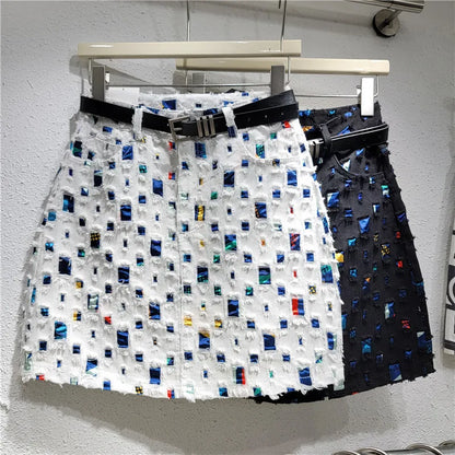 Slim A-line New Burnout Worn Personality Color Block Women's Denim Short Skirt   Fashion