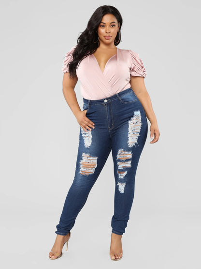 Mid Waist Women's Skinny Distressed Jeans Casual Ripped Destroyed Pocket Breathable Stretch Denim Hole 2XL Ladies' Pencil Pants