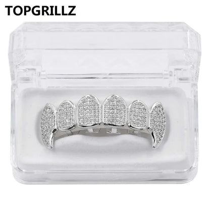 TOPGRILLZ New Fit Silver Plated CZ Micro Pave Top & Bottom GRILL SET Rhodium Teeth Grills Vampire Tooth Grillz