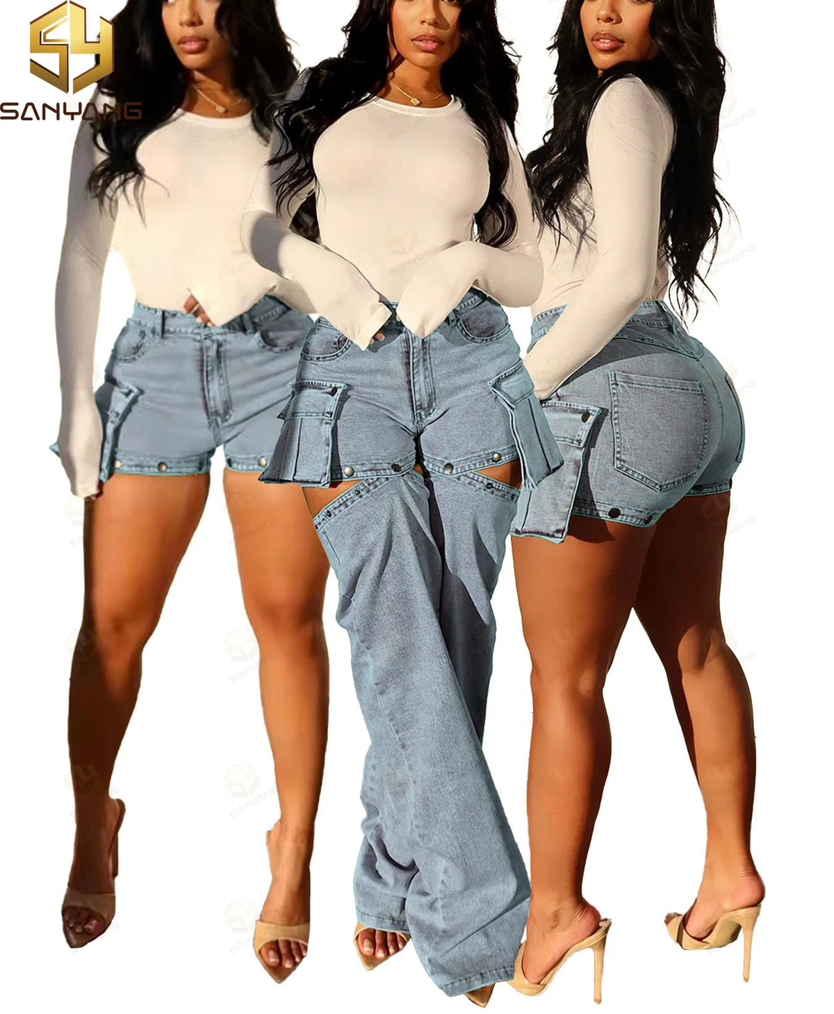 2025 New Design Women's Casual Cotton Stretch Washed Jeans Removable Denim Y2K Pants Multi-Pocket Shorts Trendy Trouser Legs