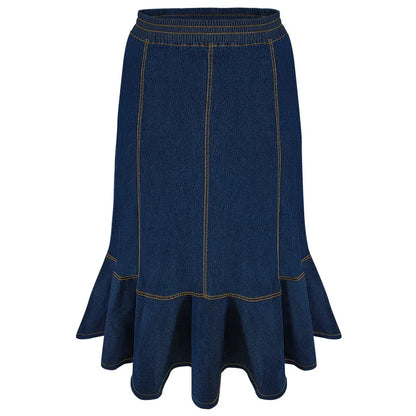 Latest Design Plus Size Women Jean Skirt Elastic Waistband Ruffle Long Denim for