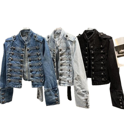 New Classical Metal Ribs Buckle Design Washed Breathable Vintage Short Denim Jacket for Ladies Autumn Winter Summer Nylon/Cotton