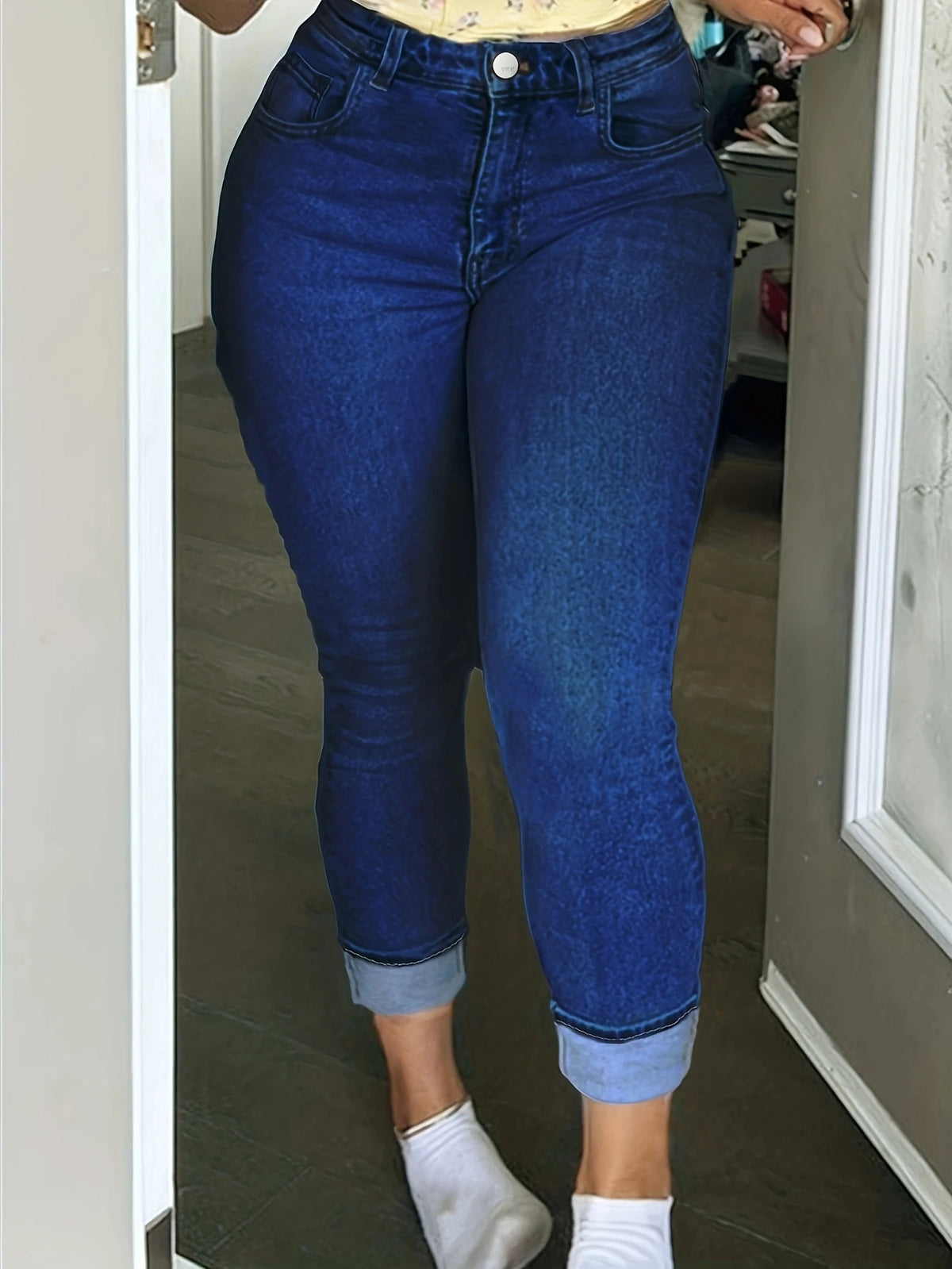 Plus Size High Waist Dark Blue High Waist Skinny Jeans Printed Softener Stretchy Casual Elegant Denim Pencil Pants for Women/Mom