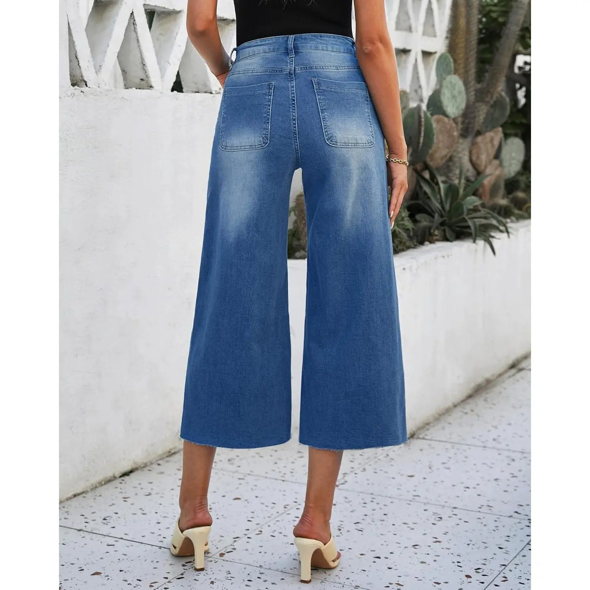 2025 Trendy High Waisted Women's Wide Leg Capris for Raw Hem Stretchy Denim Cropped Pants Jeans for Raw Hem Stretchy