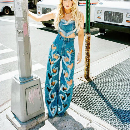 Blue Heart-Patterned Top Denim Pants with Hollow Embroidery Loose Jeans Women Set