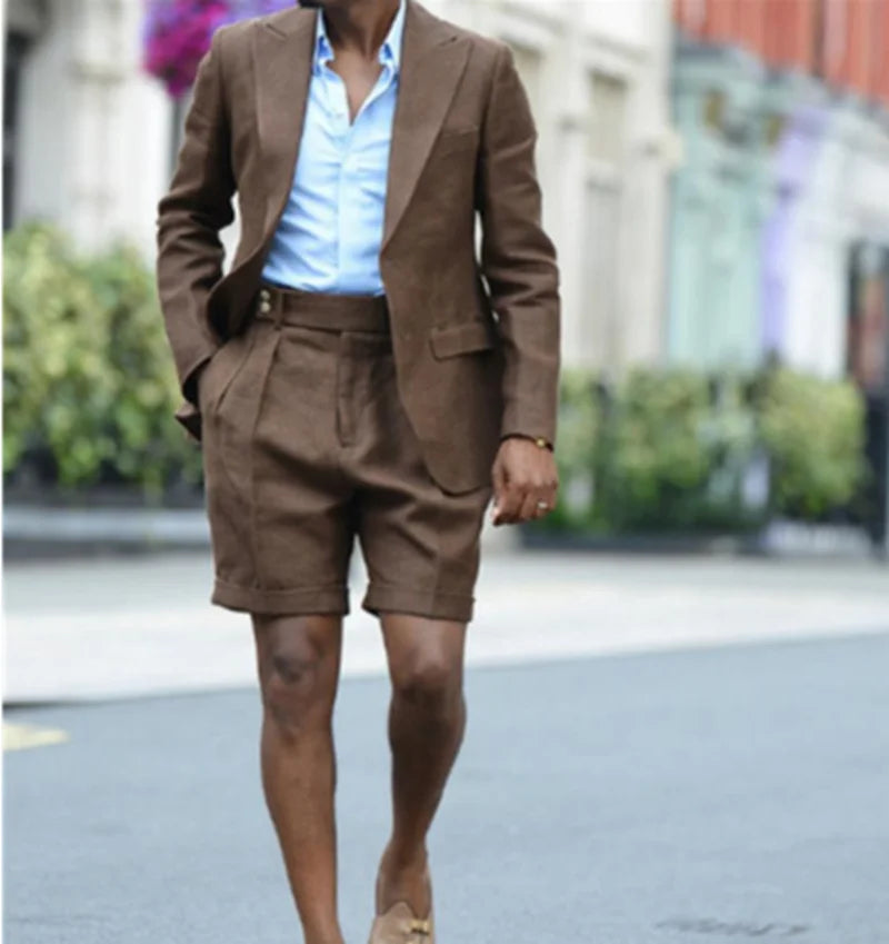 Costume Homme Summer Linen Cloth Short Suits Two Pieces Peaked Lapel Designer Tuxedos Suit Suit Pants
