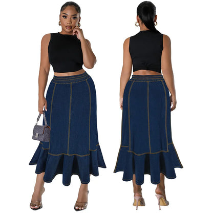 Latest Design Plus Size Women Jean Skirt Elastic Waistband Ruffle Long Denim for