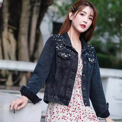 New New Fall Women Pearl Beading Crop Denim Jackets Women Casual Jeans Long Sleeve Denim Plus Size Coat