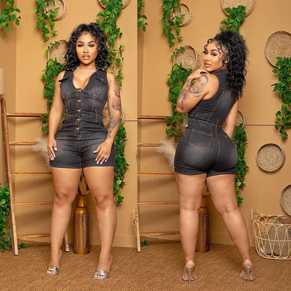 2022 Backless Short Cami Jumpsuit Summer Buttons Sleeveless Sexy Denim Playsuit Denim Romper Women