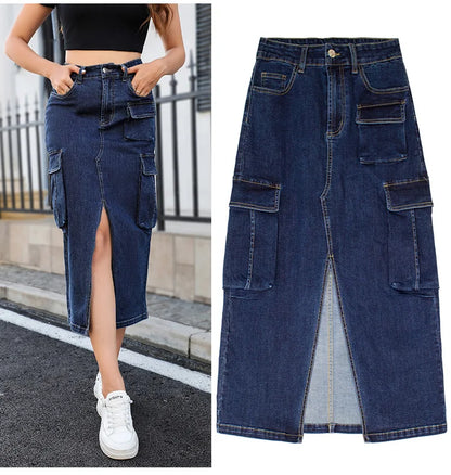 SL157 High Quality Summer Cargo Jeans Skirts for Women Multi Pocket High Waist Slim Split Long Denim Skirts for Women