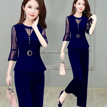 5XL Women Pants 2-Piece Set 2024 Female Summer Set Lady Slim Tops+ Wide leg Pants Two-Piece Suit Short Sleeve Suit C725