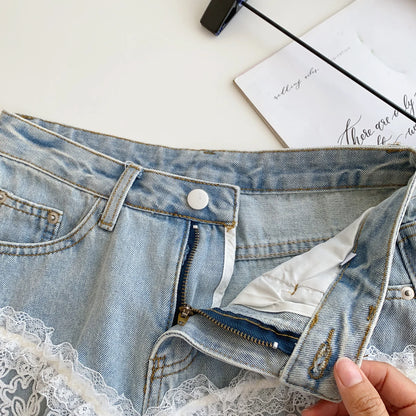 Spring Lace Short Jeans Women Print High Waist Denim Pants Girls Outdoor Pants Wholesale
