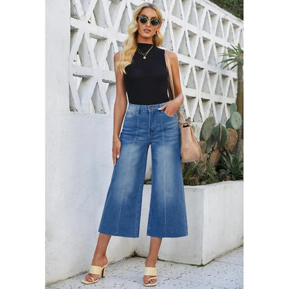 2025 Trendy High Waisted Women's Wide Leg Capris for Raw Hem Stretchy Denim Cropped Pants Jeans for Raw Hem Stretchy