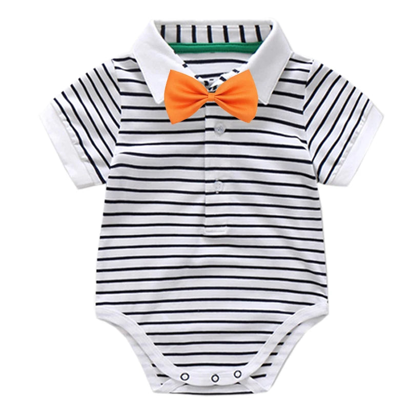 Newborn Boys Bodysuit with Bow Tie Cotton Baby Romper Soft Cartoon Animal Print Formal Short Sleeve Children Top Costume