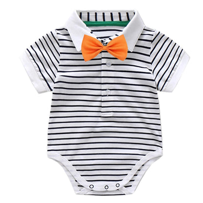 Newborn Boys Bodysuit with Bow Tie Cotton Baby Romper Soft Cartoon Animal Print Formal Short Sleeve Children Top Costume