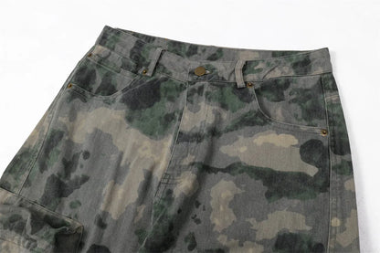 Tie Dye Camouflage Large Pocket Overalls Designer Men's Trend Loose Stone Wash Denim Fashion Patch Wide Leg Straight Men's Jeans