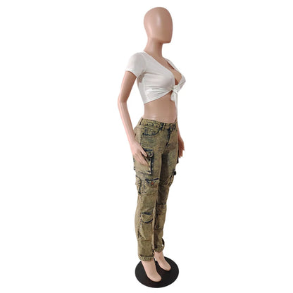 Jean Cargo Pants Women Street Wear Manufacturer Wholesale Jeans 6 Pocket Trouser Ladies Denim Cargo Pants With Multi Pockets