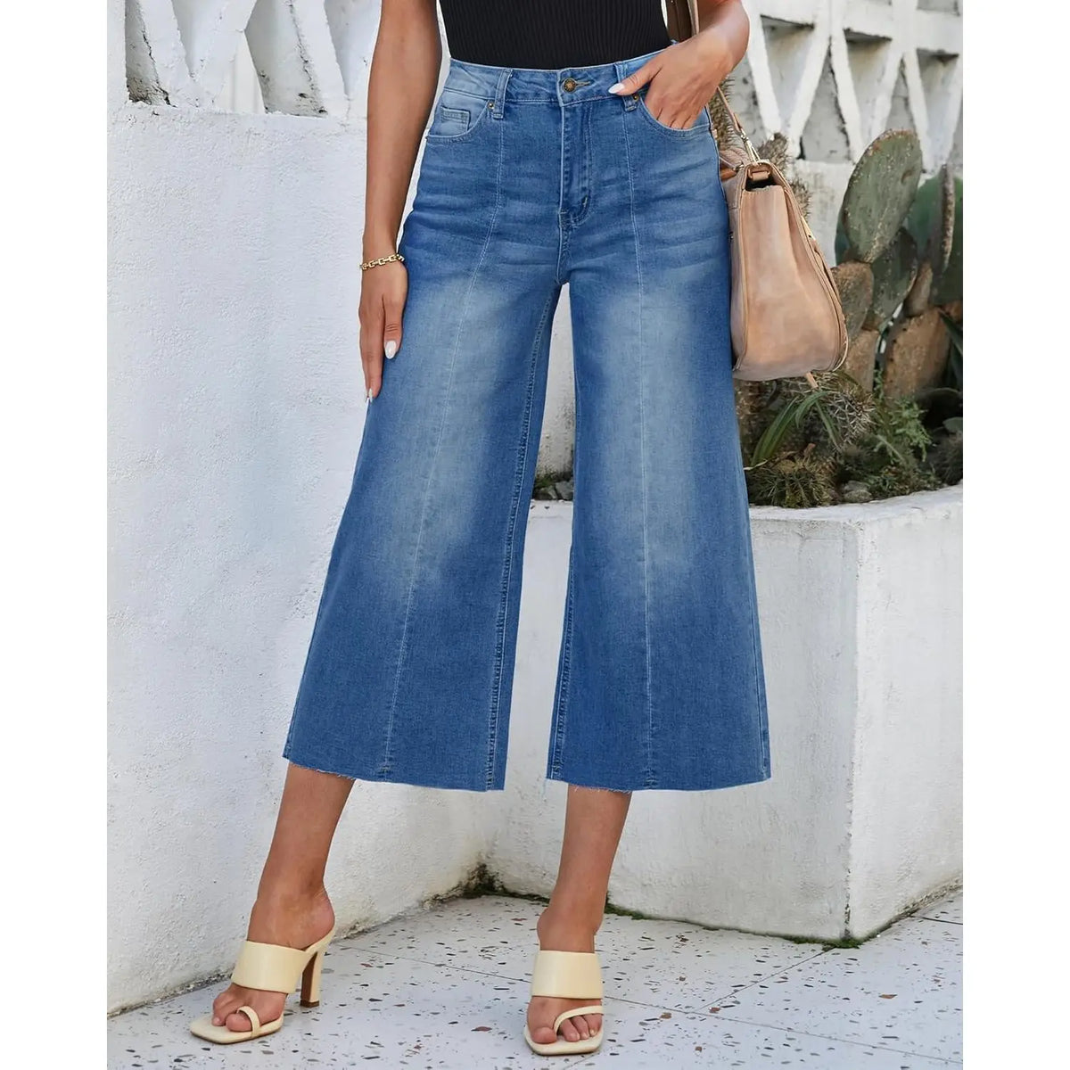2025 Trendy High Waisted Women's Wide Leg Capris for Raw Hem Stretchy Denim Cropped Pants Jeans for Raw Hem Stretchy