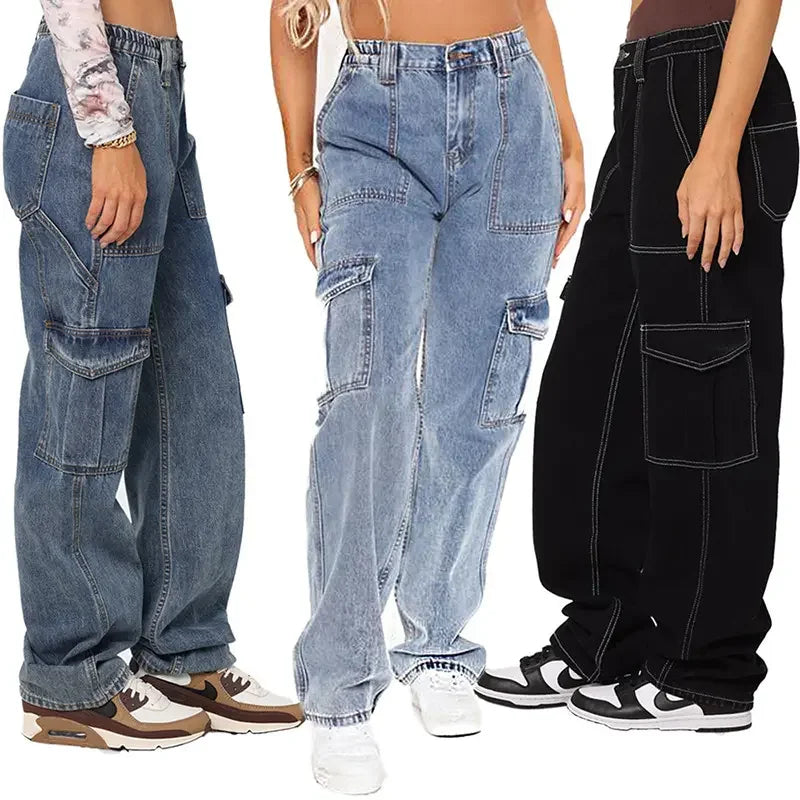 Custom High Quality Plus Size Loose Denim Pants for Women Retro Wide Leg Baggy Jeans Casual Style Workwear with Large Pocket