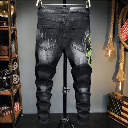 2021 Streetwear Clothing Patterned Men Super Skinny Black Jeans with Painting,Hot Drilling Slim Pants Skinny Jeans for Men