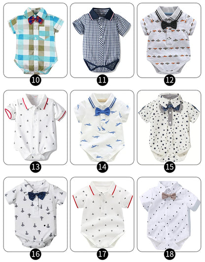 Newborn Boys Bodysuit with Bow Tie Cotton Baby Romper Soft Cartoon Animal Print Formal Short Sleeve Children Top Costume