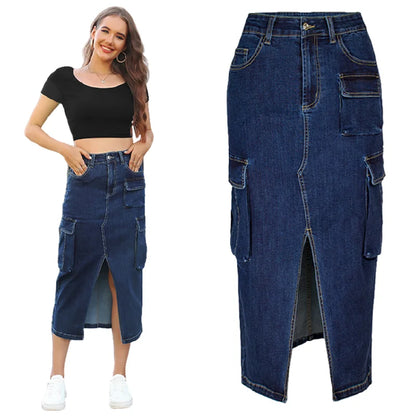 SL157 High Quality Summer Cargo Jeans Skirts for Women Multi Pocket High Waist Slim Split Long Denim Skirts for Women