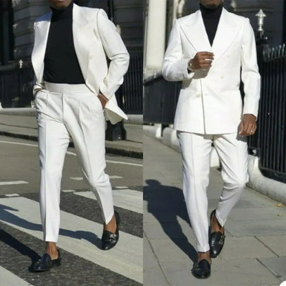 Costume Homme 2 Pieces Men Suit White Color Beach Wedding Formal Suits Peak Lapel Jacket Pants Causal  Prom Customized
