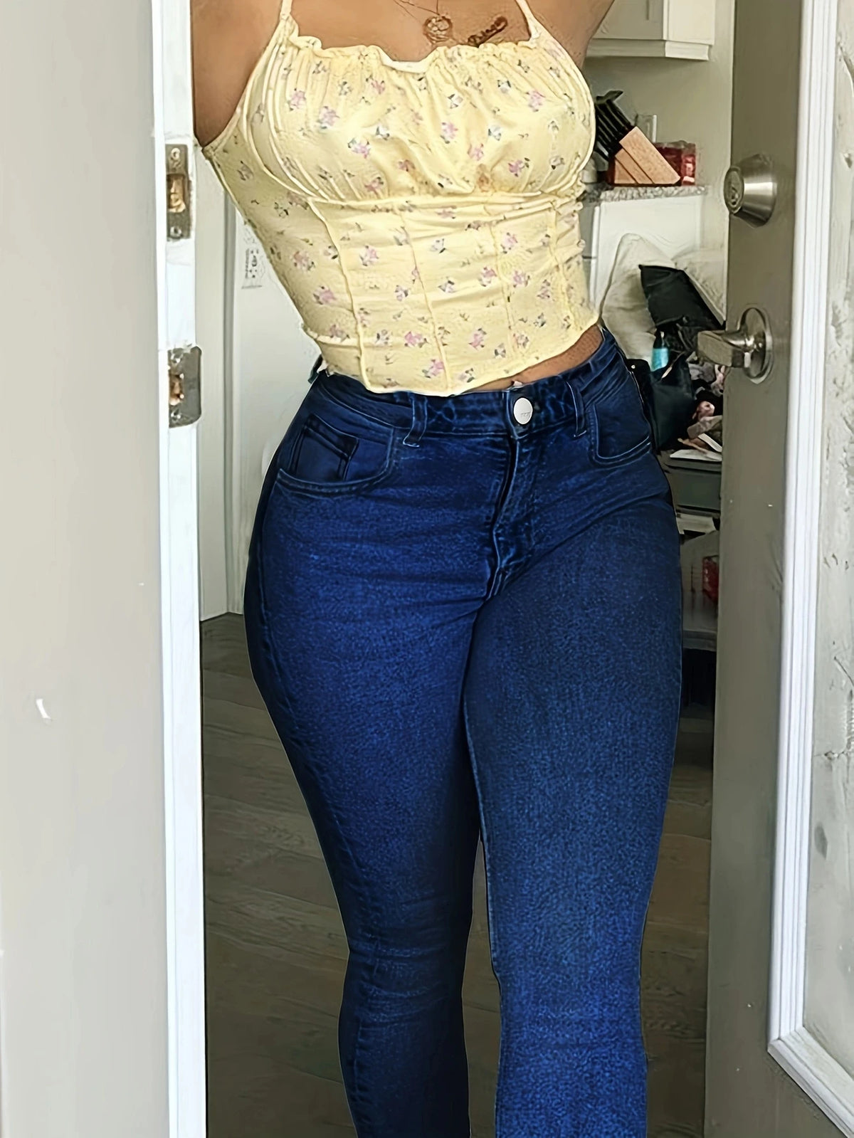Plus Size High Waist Dark Blue High Waist Skinny Jeans Printed Softener Stretchy Casual Elegant Denim Pencil Pants for Women/Mom