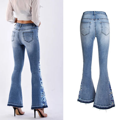 Women Stretch High Waist Embroidery Jeans Wide Leg Floral Denim Long Pants Flared Trousers Lady Women's Fashion Pants