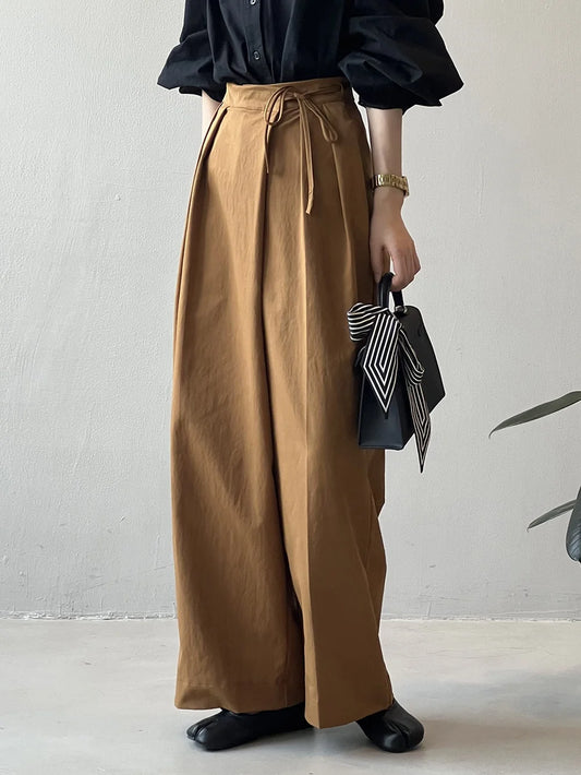 Asymmetric Diagonal Placket Strap Wide Leg Pants for Women's Spring High Waisted Straight Leg Casual Pants