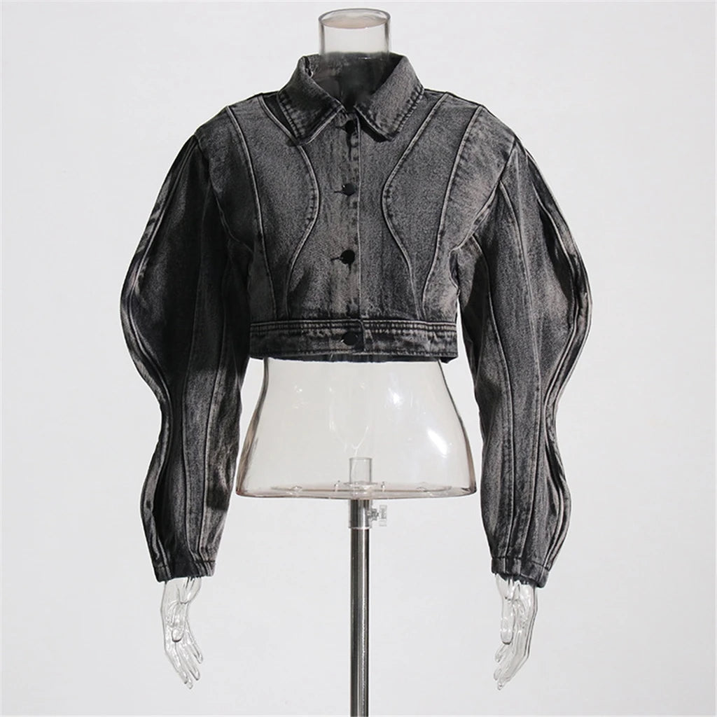 ZHEZHE Unique Fashion Female Spring Fall Winter Long Sleeve Denim Jeans Windbreaker Clothes Short Crop Jackets for Women'S Coats