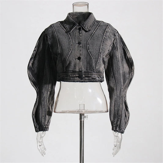 ZHEZHE Unique Fashion Female Spring Fall Winter Long Sleeve Denim Jeans Windbreaker Clothes Short Crop Jackets for Women'S Coats