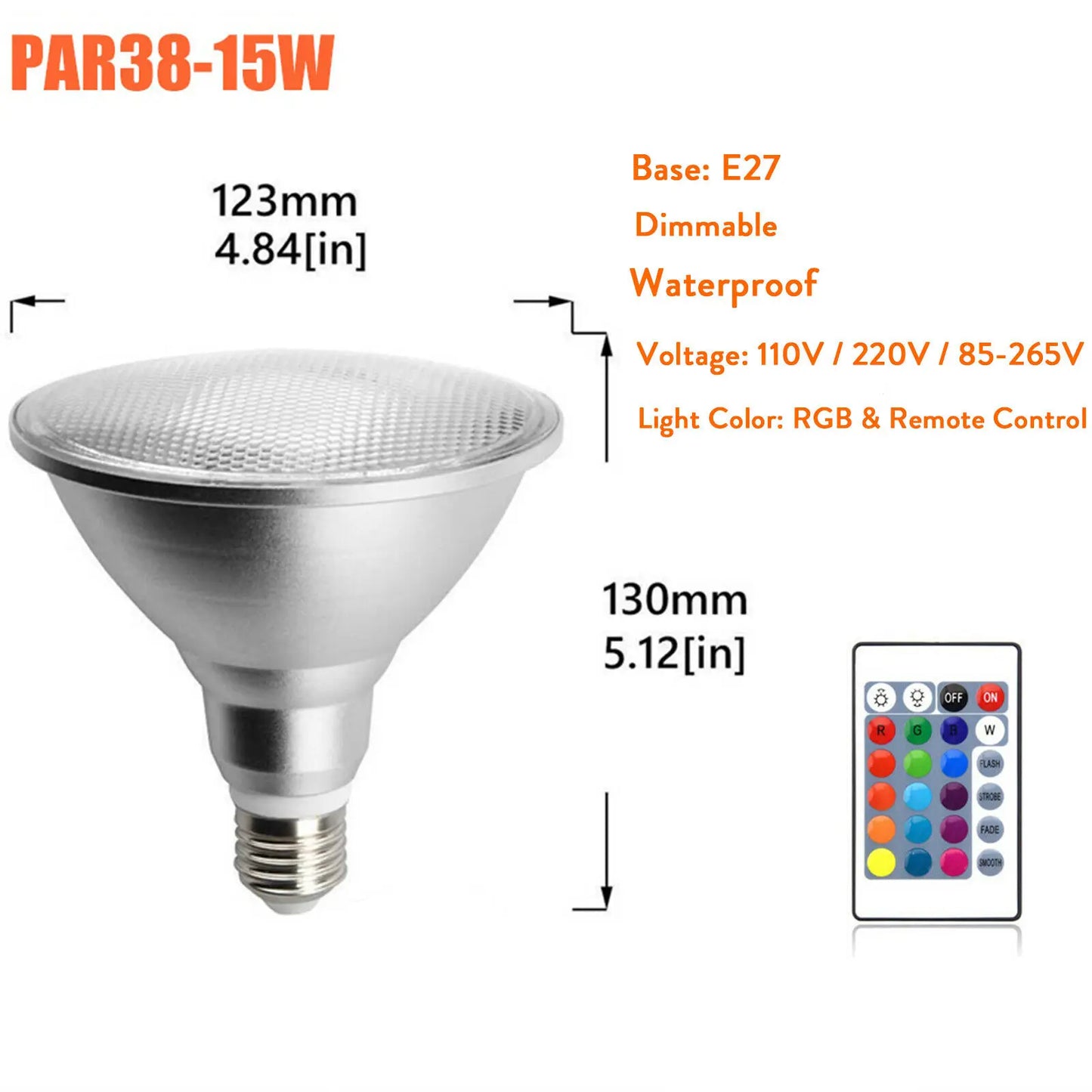 Dimmable RGB PAR30 PAR38 Par Light E27 15W 25W LED Spotlight Bulb Flood Lamp Remote Control Multicolor Home Decoration 110V 220V