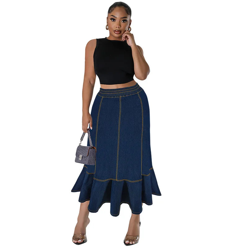 Latest Design Plus Size Women Jean Skirt Elastic Waistband Ruffle Long Denim for