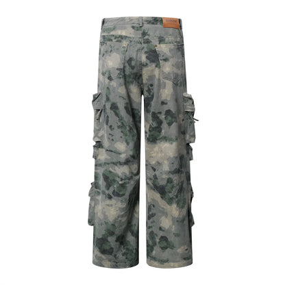 Tie Dye Camouflage Large Pocket Overalls Designer Men's Trend Loose Stone Wash Denim Fashion Patch Wide Leg Straight Men's Jeans