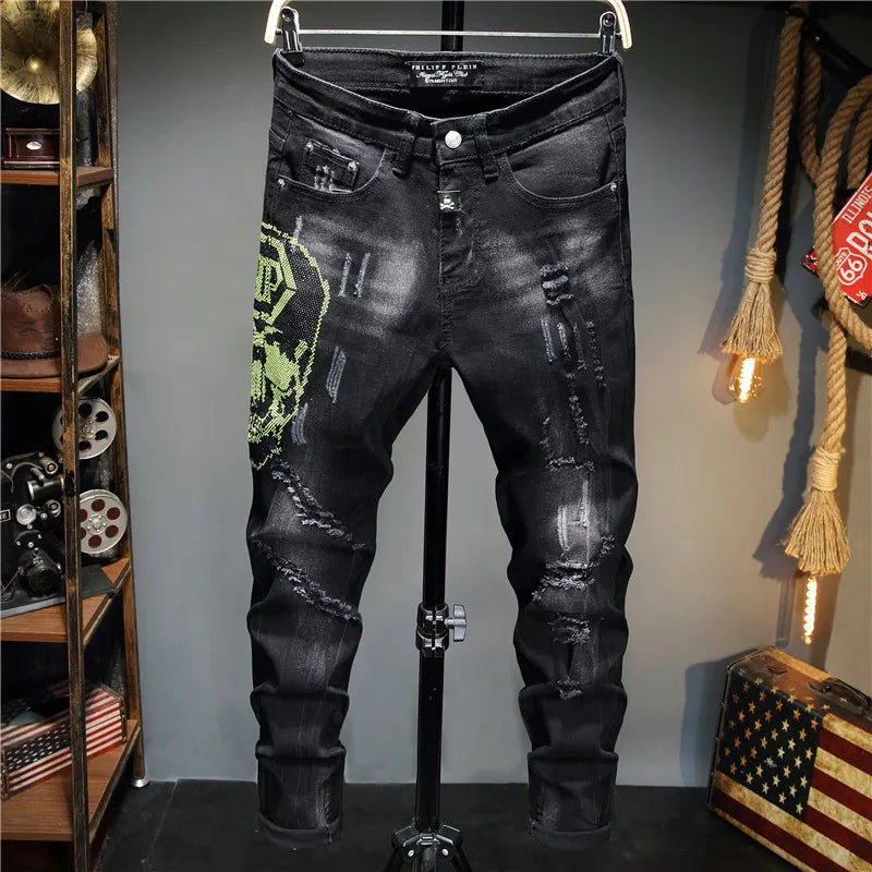 2021 Streetwear Clothing Patterned Men Super Skinny Black Jeans with Painting,Hot Drilling Slim Pants Skinny Jeans for Men