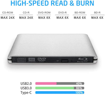 UHD 4K Blu-Ray Burner USB3.0 External Optical DVD Drive 3D Blu-Ray Player Recorder BD-RE/ROM Compatible with Windows/MAC OS