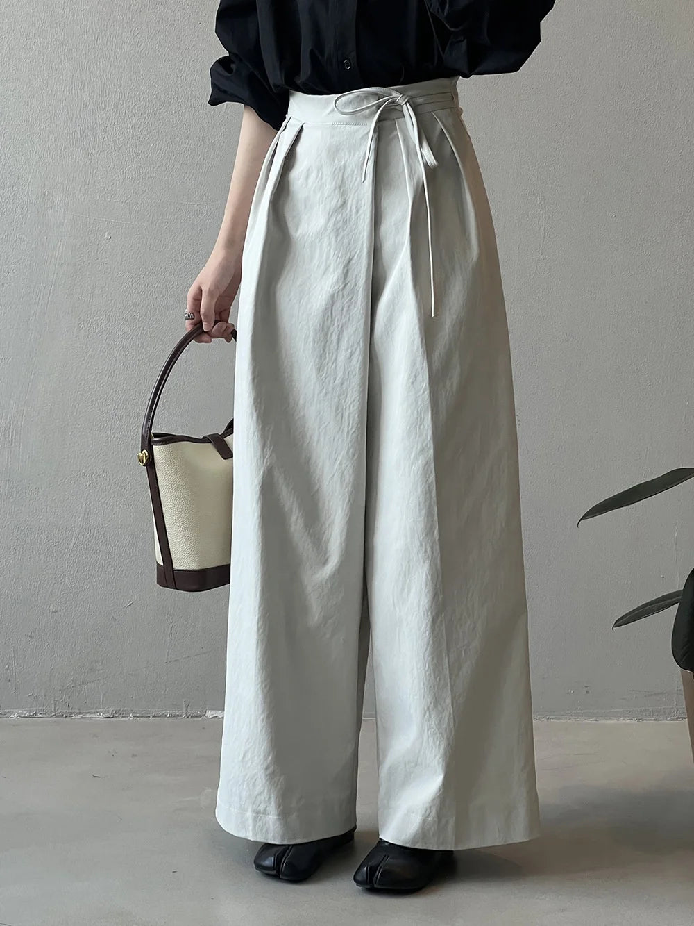 Asymmetric Diagonal Placket Strap Wide Leg Pants for Women's Spring High Waisted Straight Leg Casual Pants