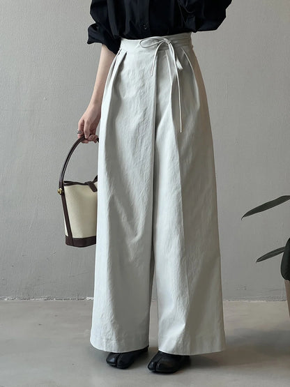 Asymmetric Diagonal Placket Strap Wide Leg Pants for Women's Spring High Waisted Straight Leg Casual Pants