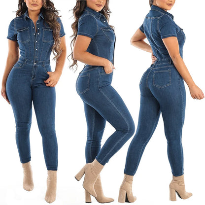 Womens Sexy Blue Denim Wash Bodysuit Bodycon Jumpsuit Plus Size Jeans Romper for Women
