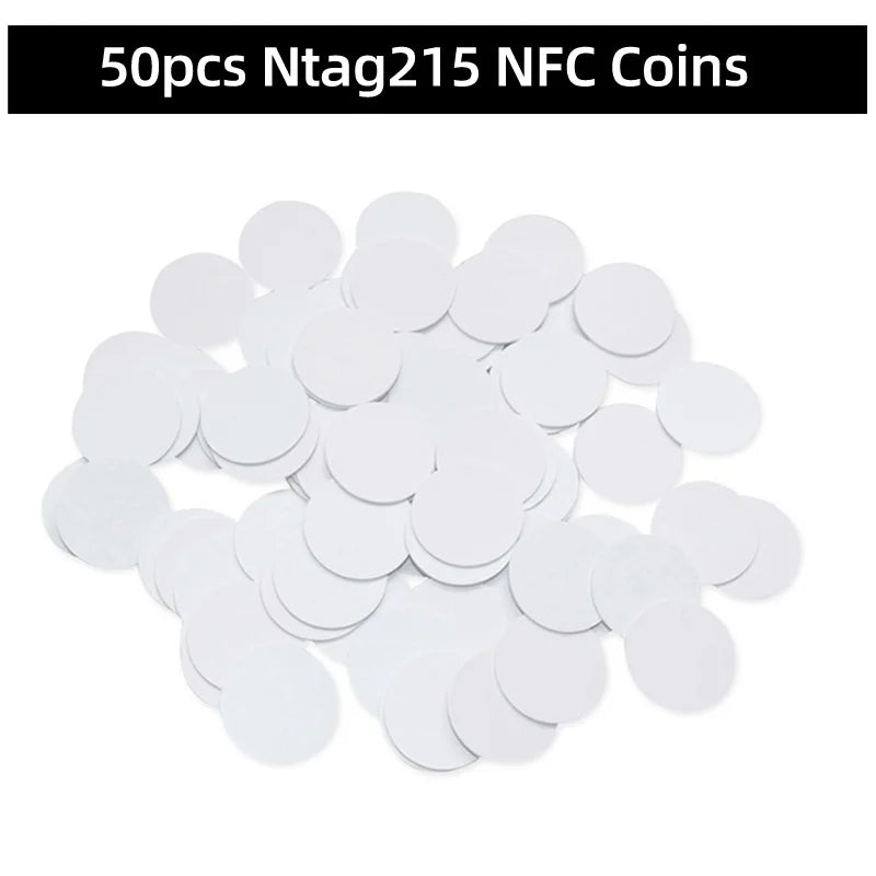 5YOA 50/30pcs NFC Coin Ntag215 TAG Key 13.56MHz 215 Card Universal Label RFID Ultralight Tags Labels 25 mm diameter Round Box