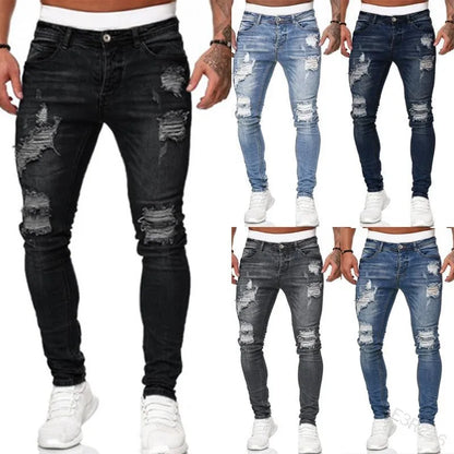 Wholesale large-sized men's jeans with zipper pockets, fashionable and tattered blue and black jeans, men's washed craft jeans