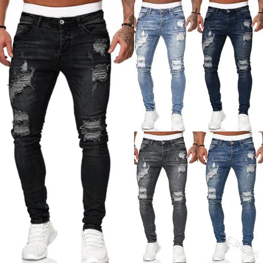 Wholesale large-sized men's jeans with zipper pockets, fashionable and tattered blue and black jeans, men's washed craft jeans