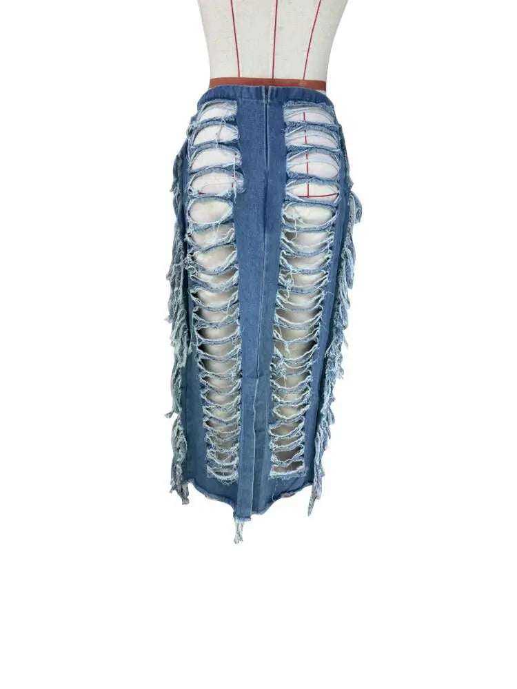 Sexy Hot Streetwear Fashion Ladies Skirts Casual Washed Jean Denim Long Maxi Ripped Tassel Skirt Women'S Skirts