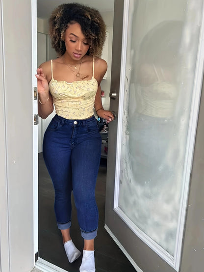 Plus Size High Waist Dark Blue High Waist Skinny Jeans Printed Softener Stretchy Casual Elegant Denim Pencil Pants for Women/Mom