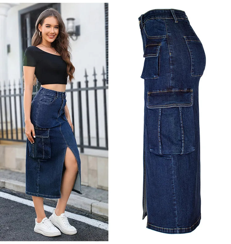 SL157 High Quality Summer Cargo Jeans Skirts for Women Multi Pocket High Waist Slim Split Long Denim Skirts for Women
